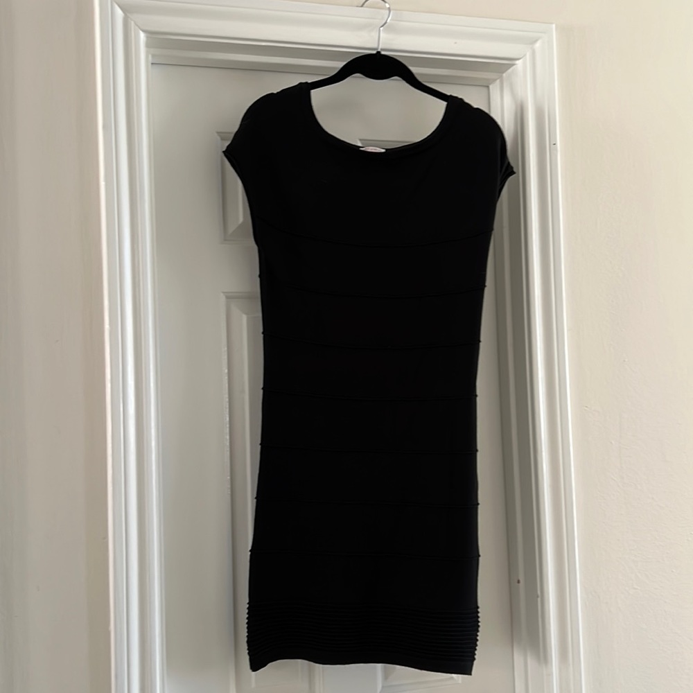 Stretchy rib knit dress (Small) just above knee on 5’4” frame